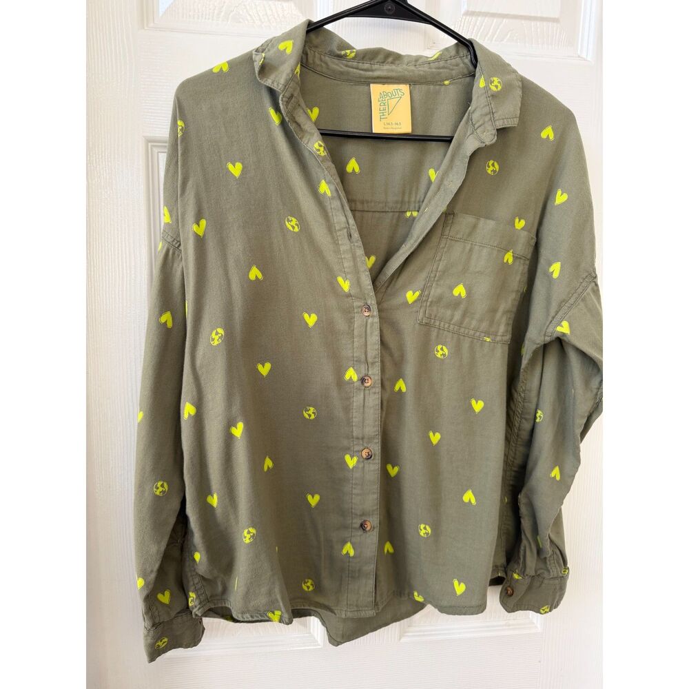 There A Bouts Girls Button Down Sage Green with Hearts Top